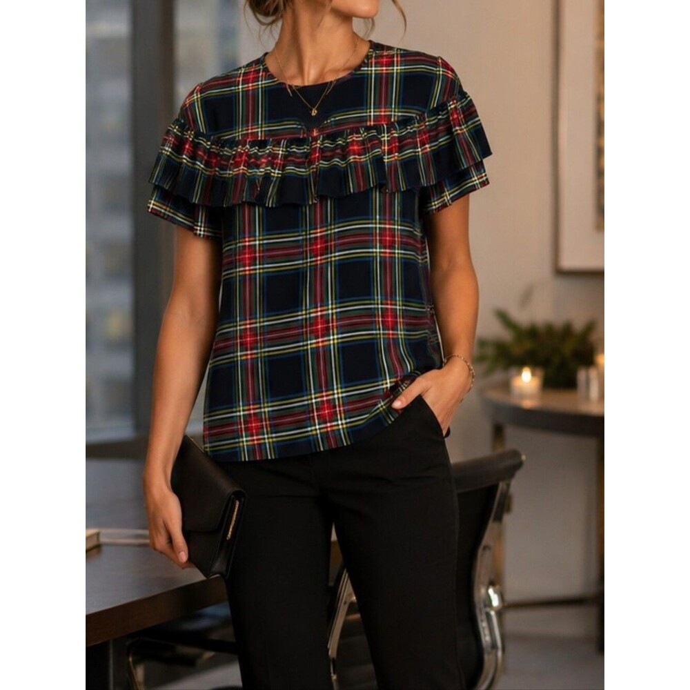 J.Crew Tartan Plaid Ruffle Blouse Size 00 Holiday Office Preppy Top Feminine